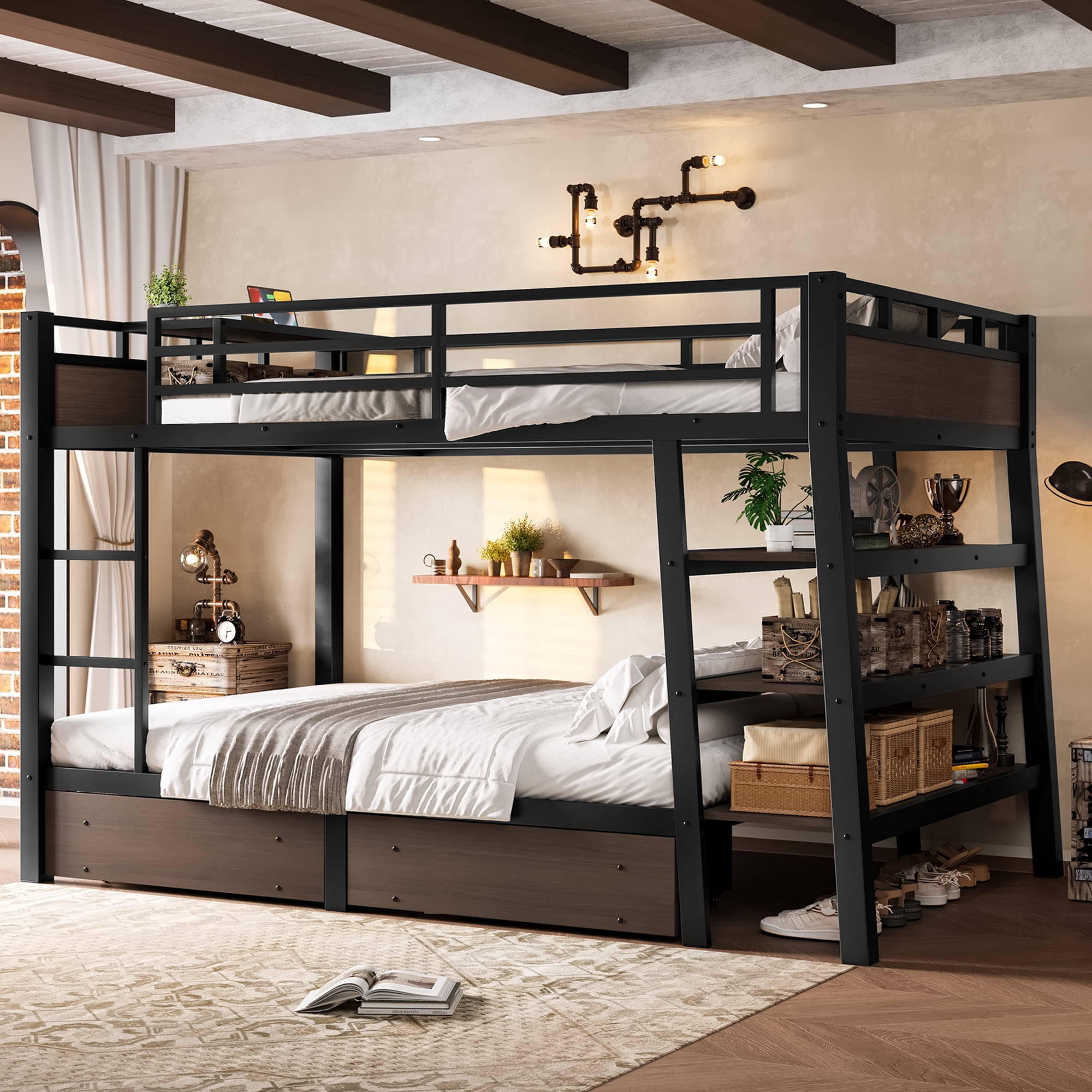Leumius Full Size Metal Bunk Bed with 2 Storage Drawer,Heavy Duty Metal Bed Frame with Storage Shelves , LED light Strip and USB Power Strip,Black