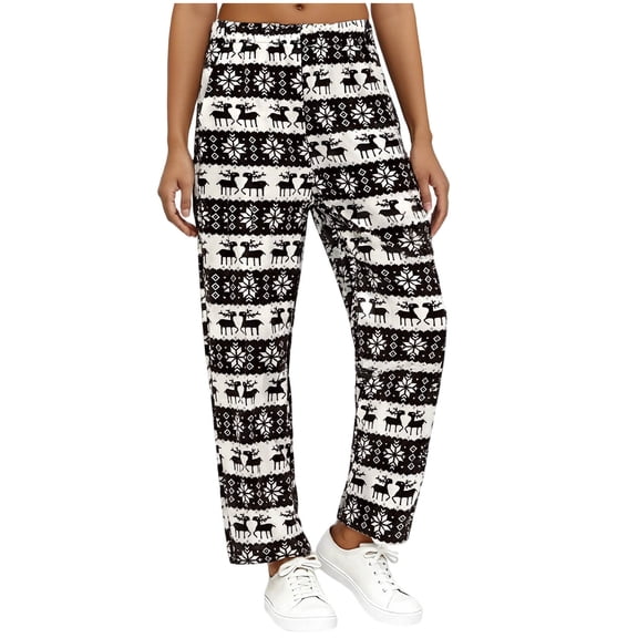 Women's Christmas Flannel Pajamas Pants Fleece Lined Print Elastic Waist Sleepwear with Pockets Black S