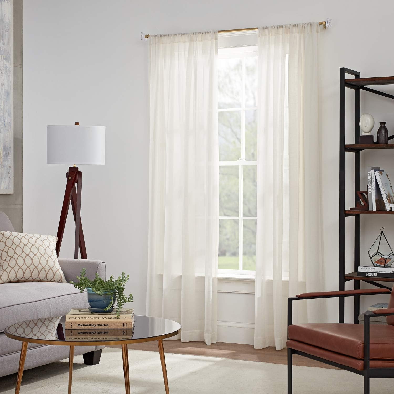 MODE Simplicity Single Adjustable Curtain Rod Set with Clear Acrylic Square Finial, Bushed Gold Finish, Fits 24” to 84” Windows