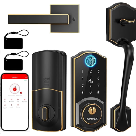 SMONET Smart Door Lock with Handle Set Front Door Lock Set Keyless Entry, Fingerprint Digital Keypad Bluetooth Deadbolt Lockset Oil Rubbed Bronze