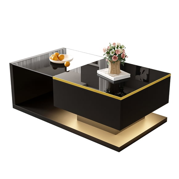 Noble House 35.4" High-Gloss Black Coffee Table, Tempered Glass with Dimmable LED, Storage Compartment & Open Shelves,Black