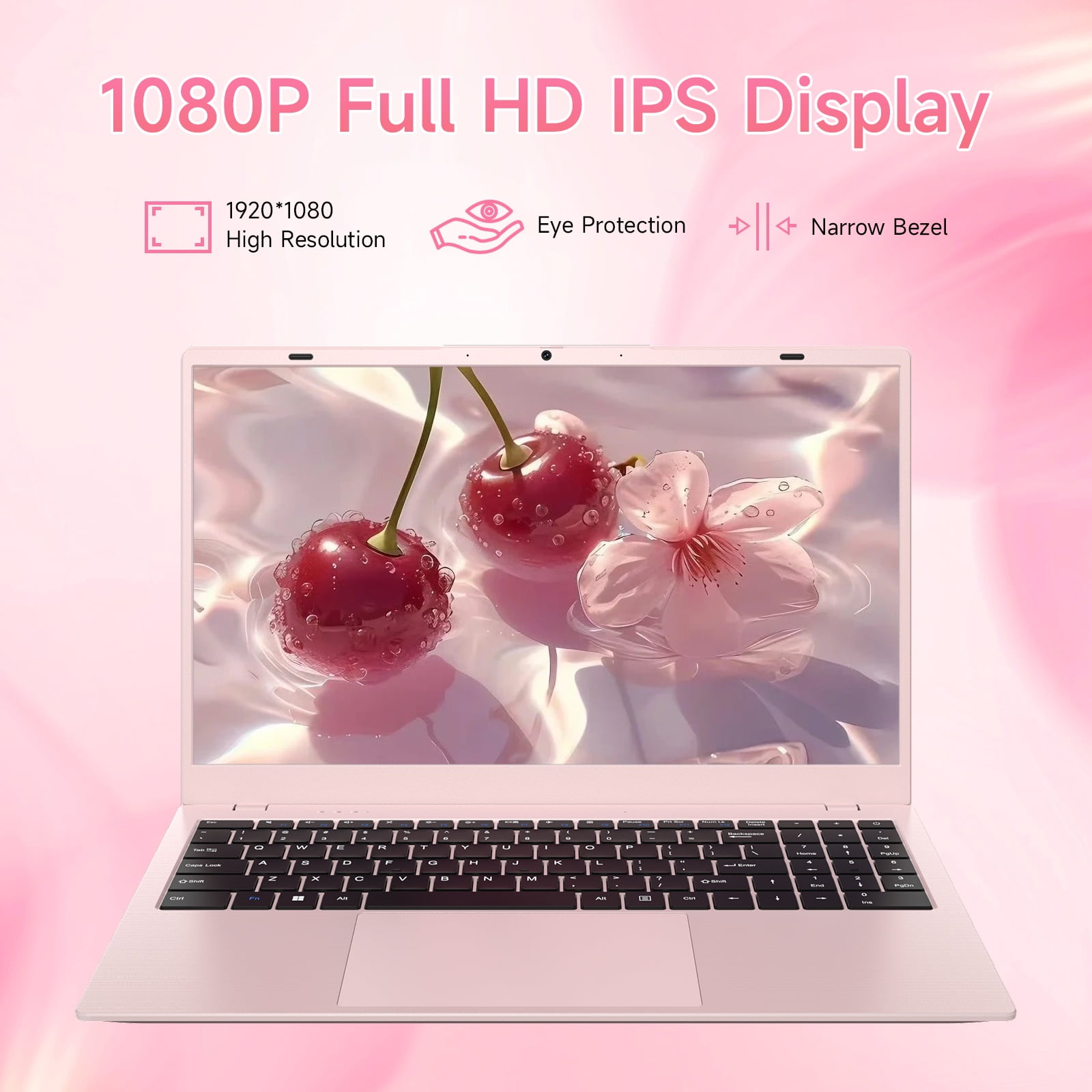 RNRUO 15.6" Windonws 11 Laptop, 12GB DDR5 512G SSD, Up to 3.6GHz Intel N150 Quad-Core, Office 2024 Fingerprint Backlit KB WiFi 6 BT 5.2, 1080 FHD Display for Student, Business, Home Office, Pink