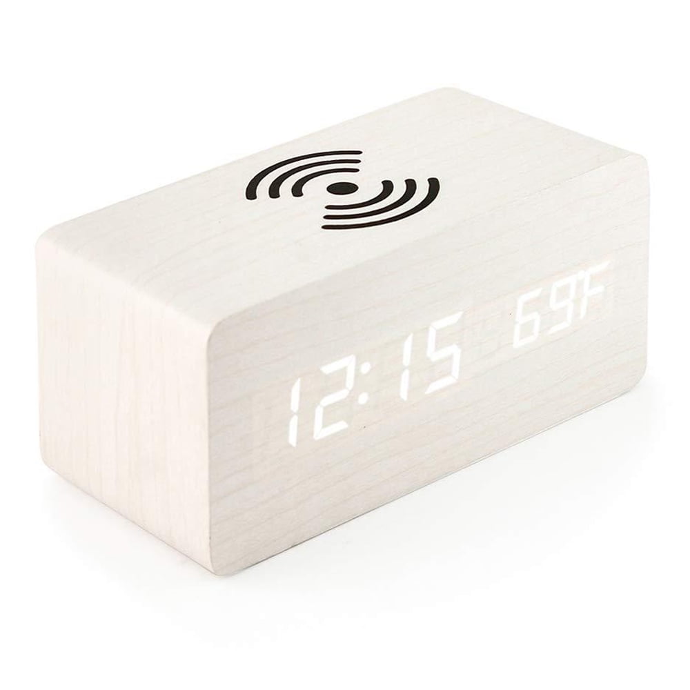 Wooden Digital Alarm Clock with Wireless Charging, LED Display, Sound Control and Snooze Dual for Bedroom, Bedside, Office,white