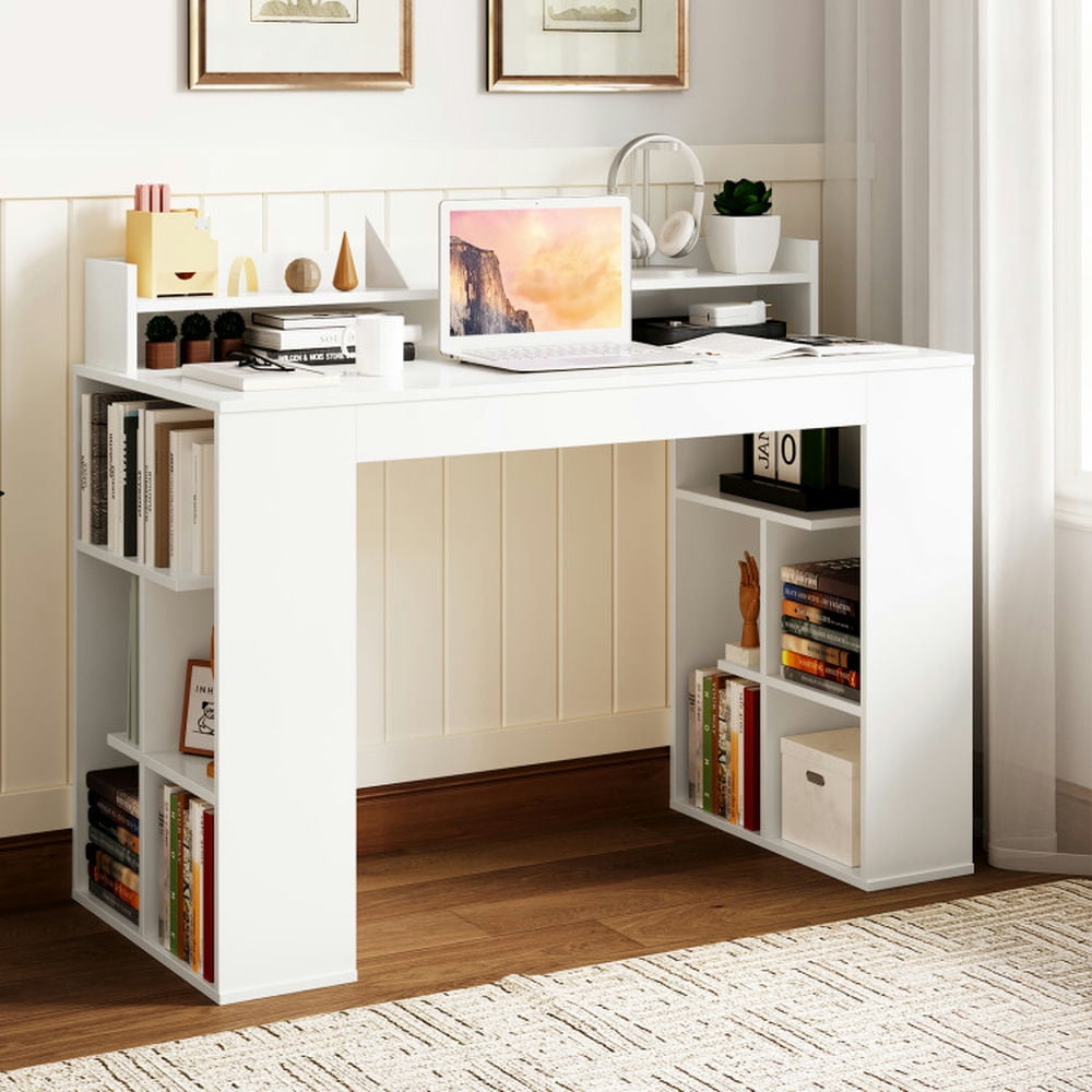 Demi Bonn Office Computer Desk with Dual 3 Tier Bookshelf and Monitor Shelf, Small Home Office Desk Study Writing Table, White