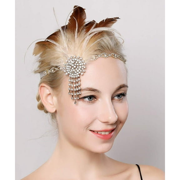 Bridal 1920s Flapper Feather Headband with Crystal Chain Tassel Rhinestone Headband Feather Roaring 20s Headpiece Prom Party Festival Hair Jewelry for Women and Girls