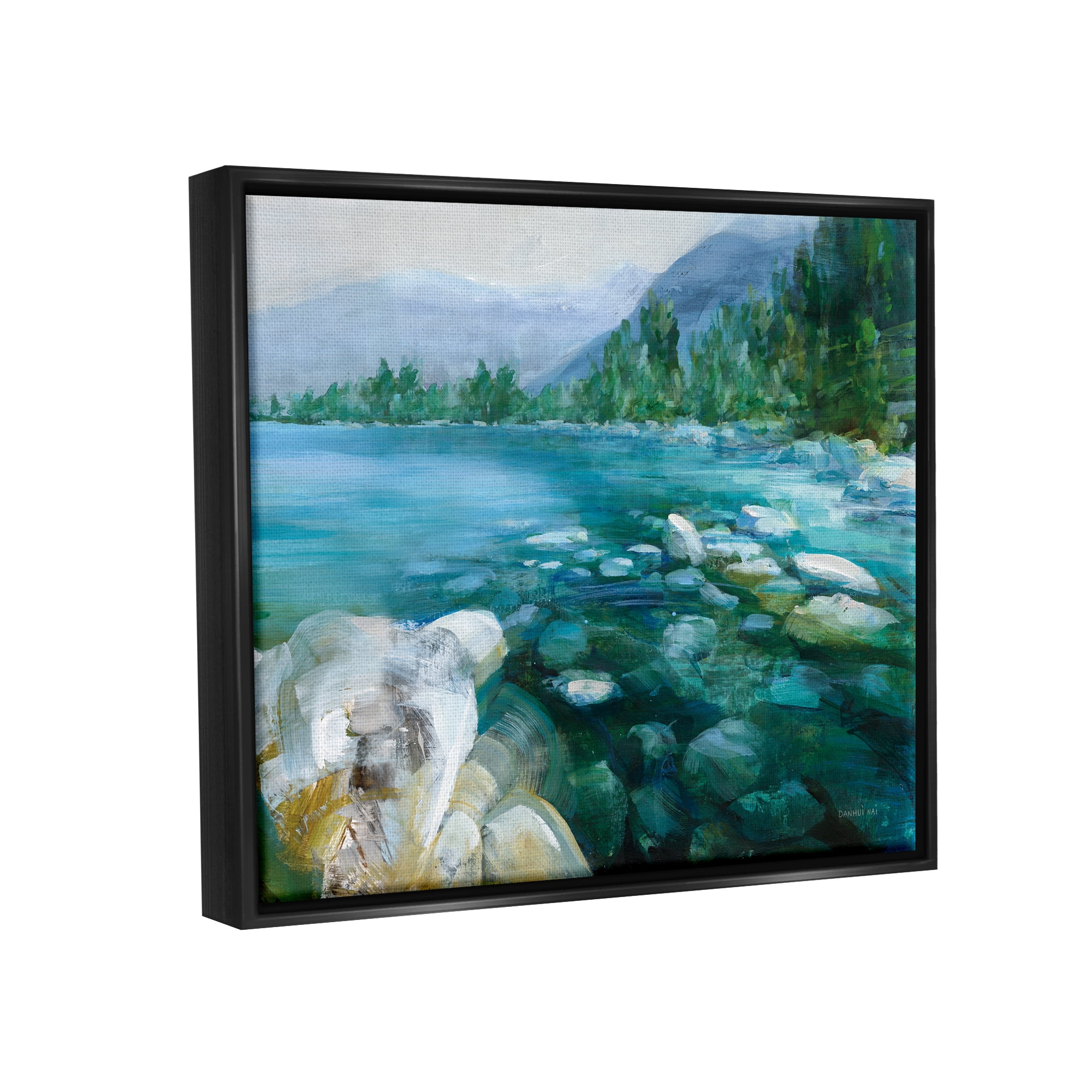Stupell Industries Rocky River Landscape Nature Painting Black Floater Framed Art Print Wall Art, 21 x 17