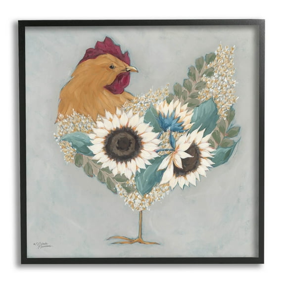 Stupell Industries Farm Rooster Layered Floral Blossoms Painting Black Framed Art Print Wall Art, Design by Michele Norman