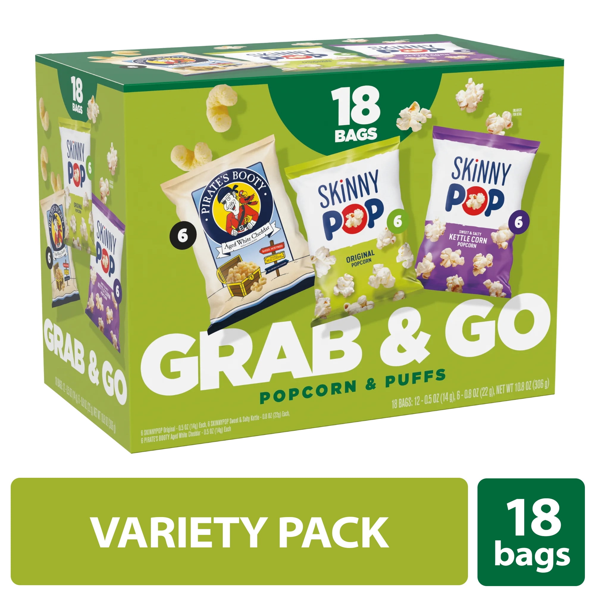 SkinnyPop Popcorn & Pirate's Booty Puffs Snack Variety Individual Packs , 0.5 oz Bags, 18 Count