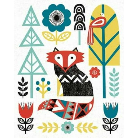 Fox V2 Print - Folk Lodge Fox V2 Teal Poster Print by Michael Mullan