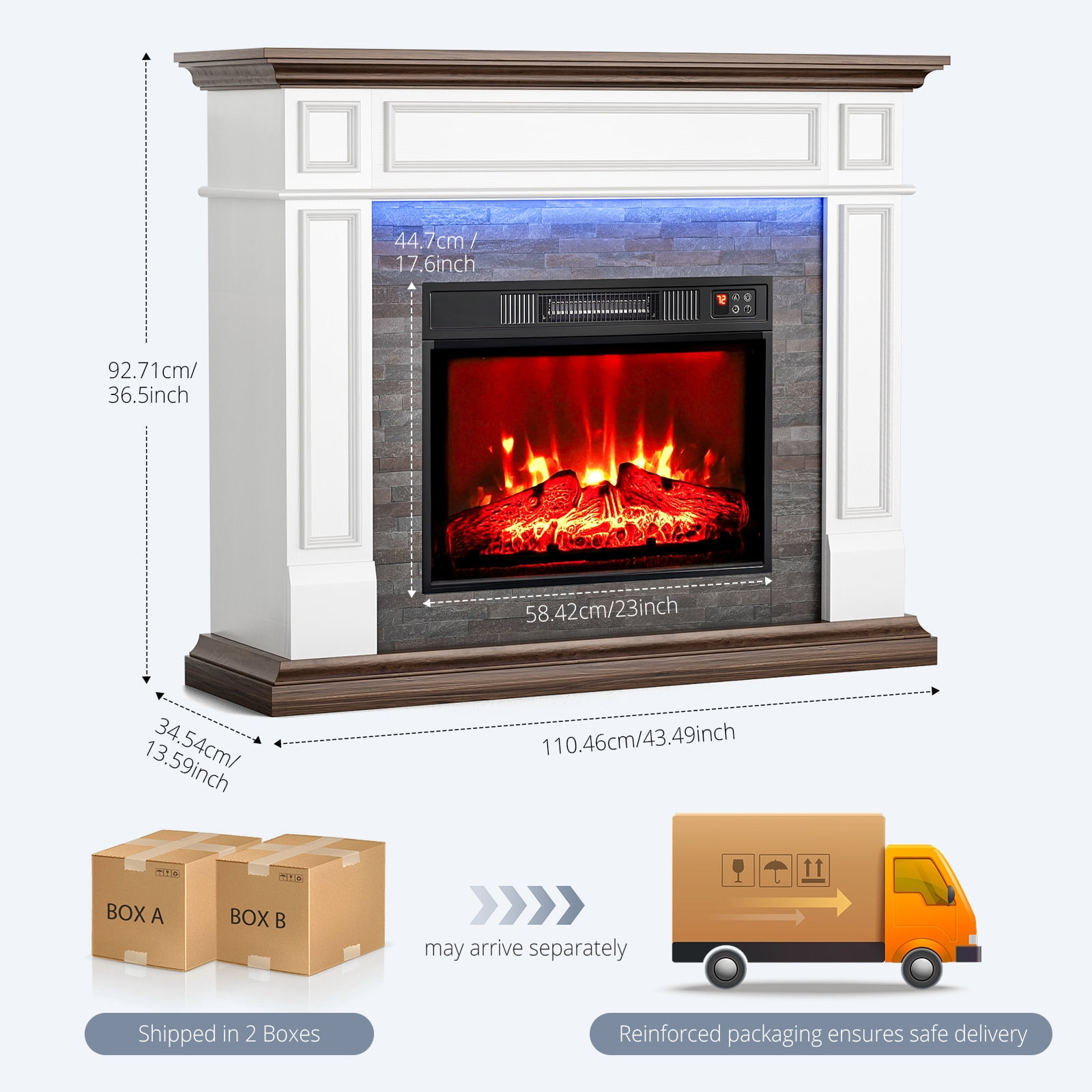 Holliwill Electric Fireplace Mantel, 44" Freestanding Fireplace Heater with LED Lights, Infrared Quartz Heater, 1400W, White & Brown