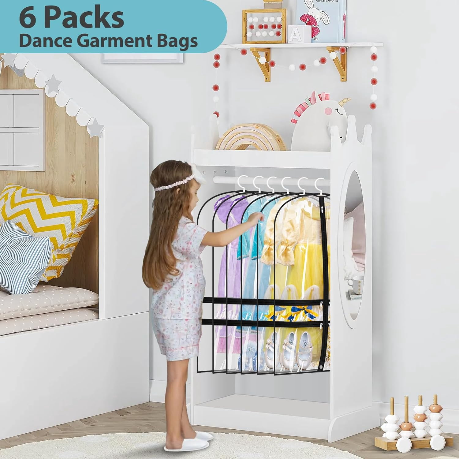 6 Packs Clear Dance Garment Bags for Dancers with 4 Pockets, 40" Kids Dance Costume Garment Bag for Travel and Dance Competition, Hanging Clothes Storage for Dress, Uniform, Black