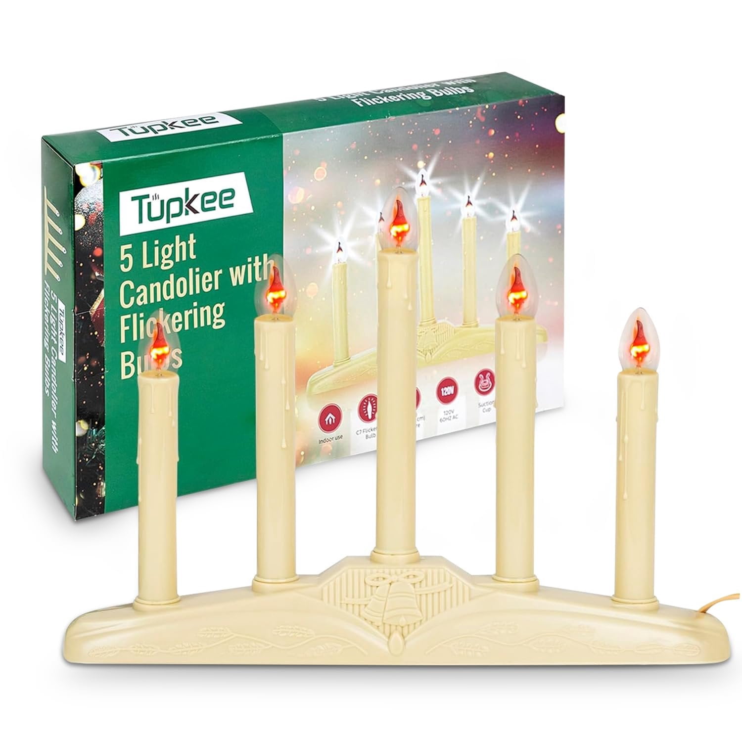 Tupkee Christmas Candolier Window Candles  with Flickering Bulbs  5-Lights Indoor -Flameless Electric Window Candles Candelabra - 2 Pack