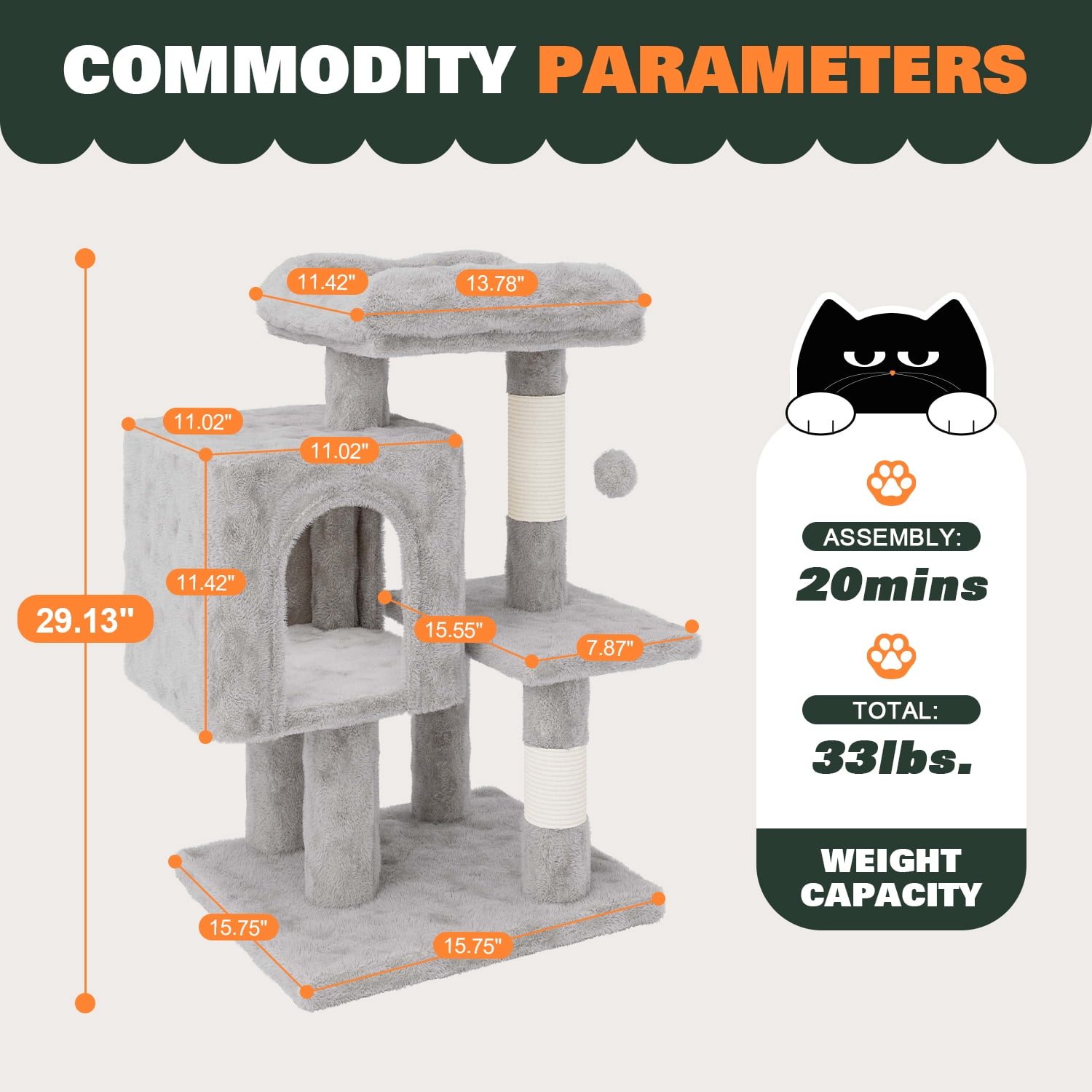 Amolife 29.1" Small Cat Tree Tower with Plush Cat Condo Perch Sisal Scratching Posts for Indoor Cats and Kittens, Grey