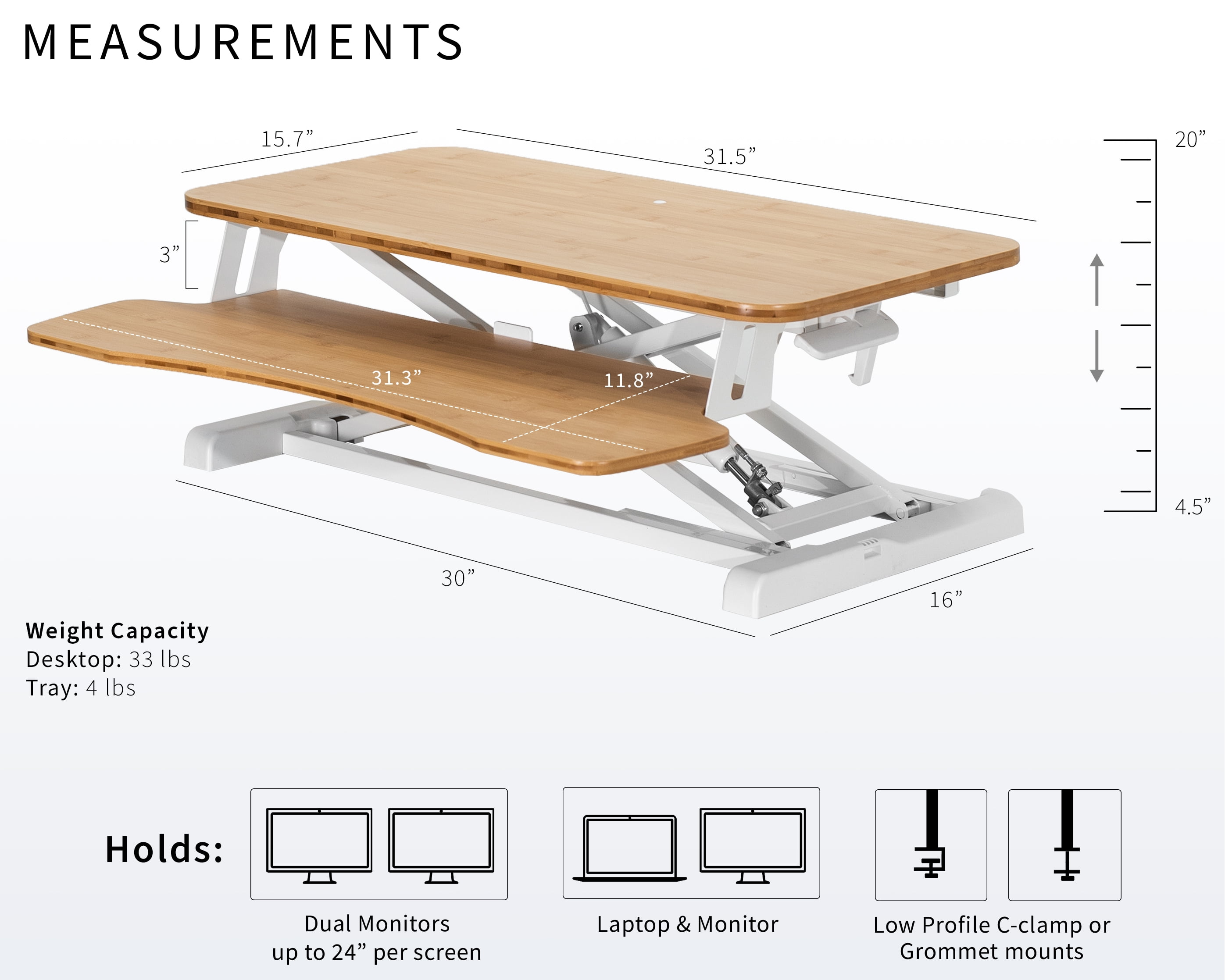 VIVO Bamboo Standing 32" Desktop Monitor Riser, White Frame