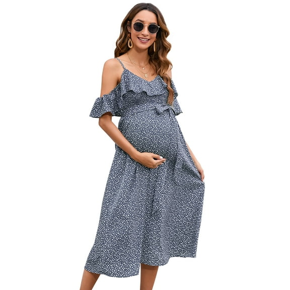 Yesfashion Swiss Dot Smocked Maternity Dress/V Neck Flutter Sleeve Midi Dress for Baby Shower Wedding Guest Photoshoot