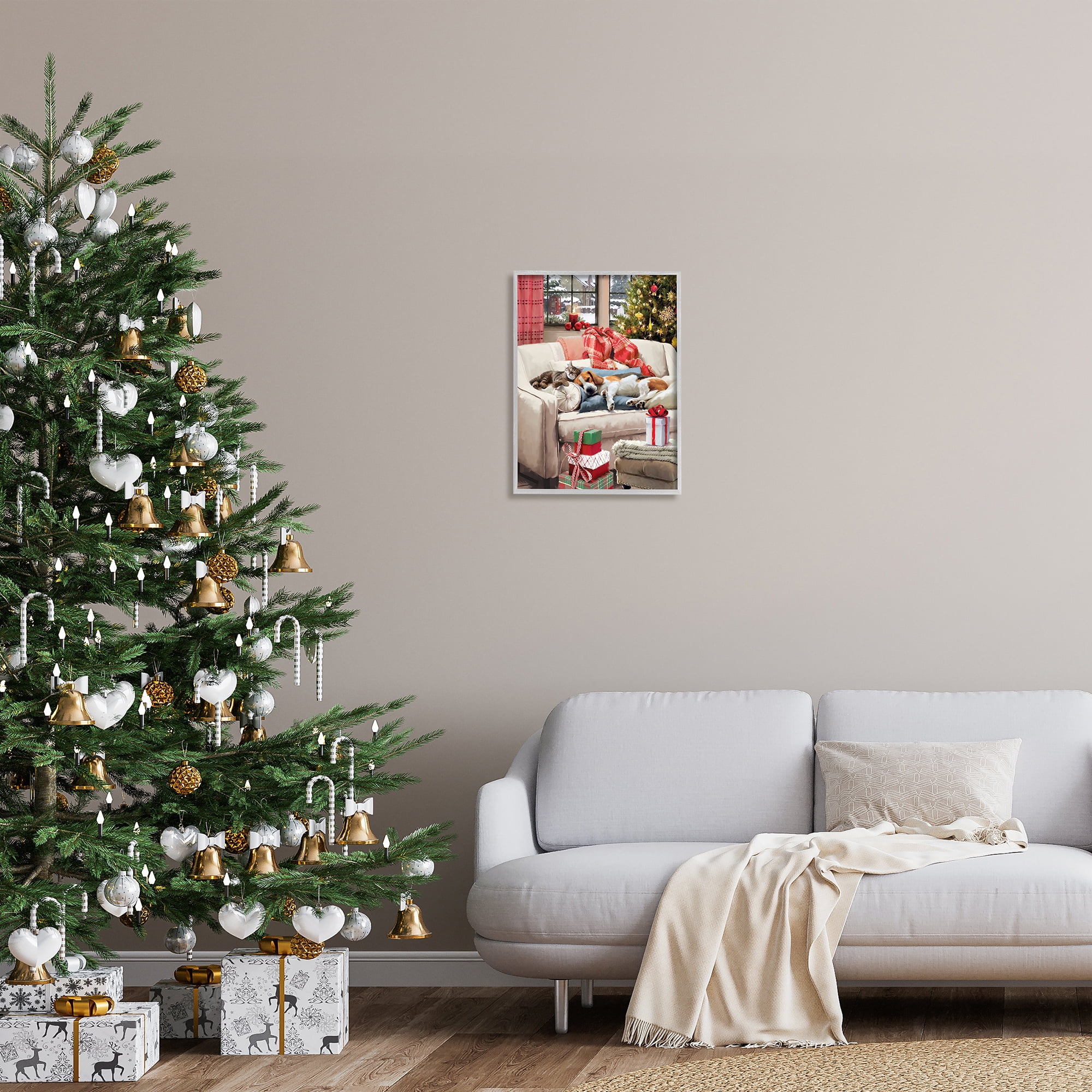 Stupell Industries Pets on Holiday Couch Holiday Painting Gray Framed Art Print Wall Art, 16 x 20