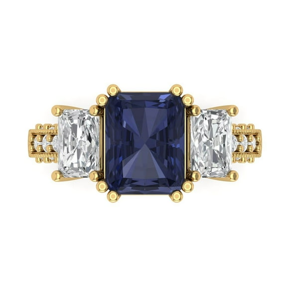 Three-Stone Engagement Ring for Women - 4.27ct Simulated Blue Sapphire in 14K Yellow Gold Promise Ring