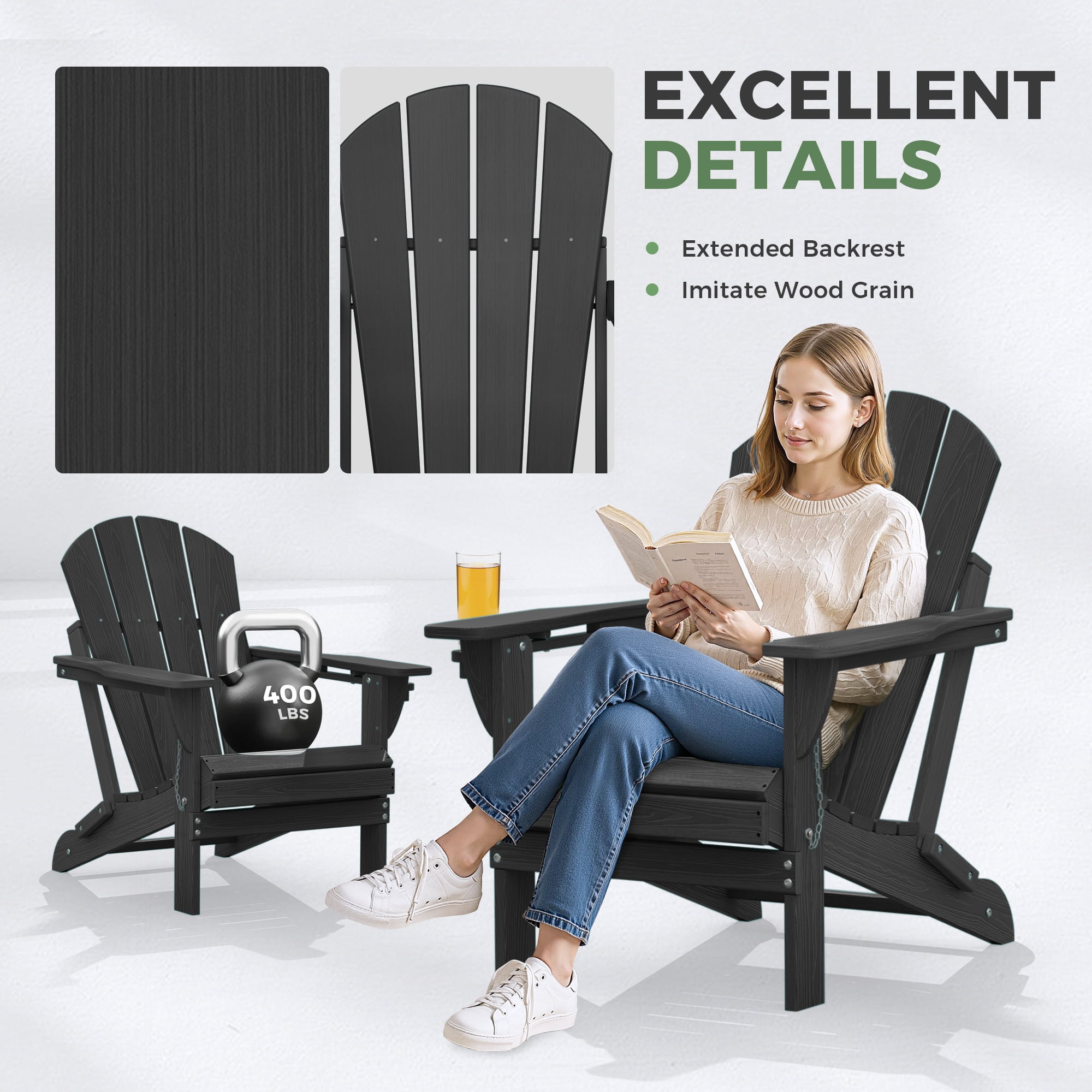 Folding Adirondack Chair, HDPE All-Weather Outdoor Patio & Firepit Chair with Ergonomic Extended Backrest & Cup Holder, Low Maintenance, Black