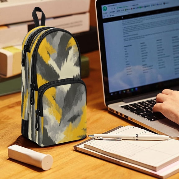 Backpack Pencil Case, 3 Compartment Large Capacity Oxford Fabric Pencil Pouch / Brushstroke Yellow Grey Camo Print