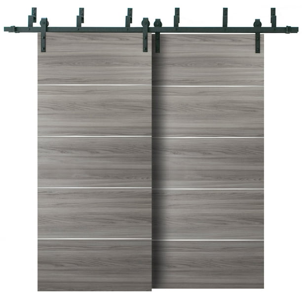 Double Bypass Barn Sliding Grey Doors 56 X 80 With 6 6ft Rails Com Double Bypass Barn Sliding Grey Doors, Double Sliding Barn Doors Bypass
