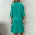 thumbnail image 3 of Ohufall Dress Women Cotton Linen Button V Neck 3/4 Sleeve Midi Dress Pocket Pleated Solid Color Fashion Dresses, 3 of 4