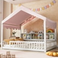 thumbnail image 4 of Harper & Bright Designs Full Size Floor Bed with LED Light, Wooden House-Shaped Floor Bed with Storage Bookshelves Fense and Curtain for Boys Girls, White+Pink, 4 of 13