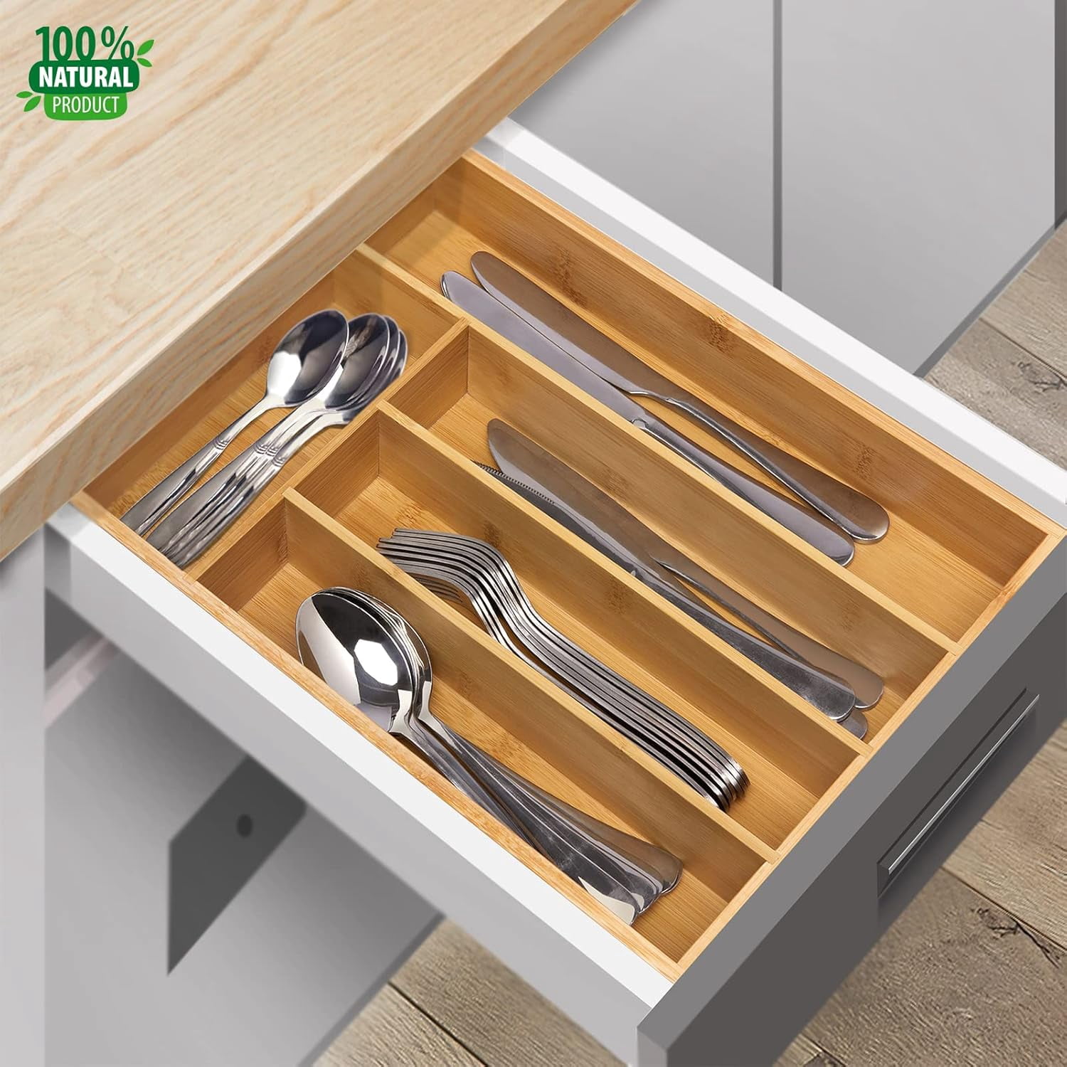 AP Kitchen Bamboo Silverware Drawer Organizer，Silverware Organizer and Cutlery Tray with Grooved Drawer Dividers for Silverware, Knives in Kitchen, Bedroom (5 Slot-Natural)