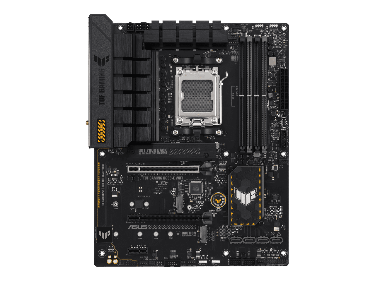 ASUS TUF GAMING B650-E WIFI AMD B650 AM5 ATX motherboard, DDR5, 8+2 teamed power stages, PCIe 5.0, a PCIe 5.0 M.2 slot, Realtek 2.5 Gb Ethernet, Wi-Fi 6E, HDMI, DisplayPort, front USB 20Gbps Type-C