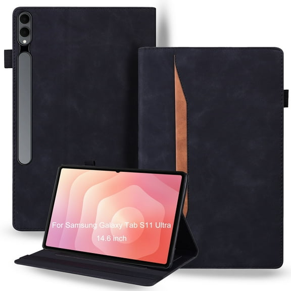 Shockproof Case for Samsung Galaxy Tab S11 Ultra 14.6" 2025 (SM-X930/SM-X936B) - PU Leather & TPU Hybrid Protective Folding Cover with Anti-Slip Grip Strap, Card Slots & Kickstand -Black