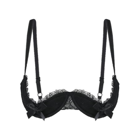 YIZYIF Womens Open Nipples Half Cups Lace Bra Padded Underwired Push Up Shelf Bustier Exotic Lingerie Black L