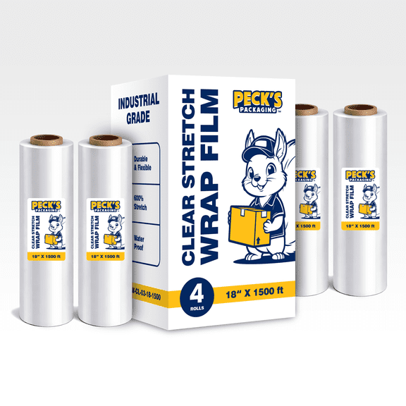 Peck's Packaging 80 Gauge Clear Stretch Wrap Film – 18" x 1500' – Heavy Duty Pallet Wrap – Industrial Strength – 4 Rolls