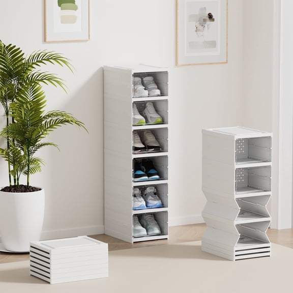 JOZ 6-Tier Foldable Shoe Organizer Box – Stackable Shoe Storage Bins with Lids  for Closets, Fits Size 12, No Assembly Required Containers