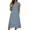 thumbnail image 3 of RongHuan Womens Linen Dress Casual Short Sleeve Dresses Crew Neck Solid Color Dress Summer Beach Sundress, 3 of 9
