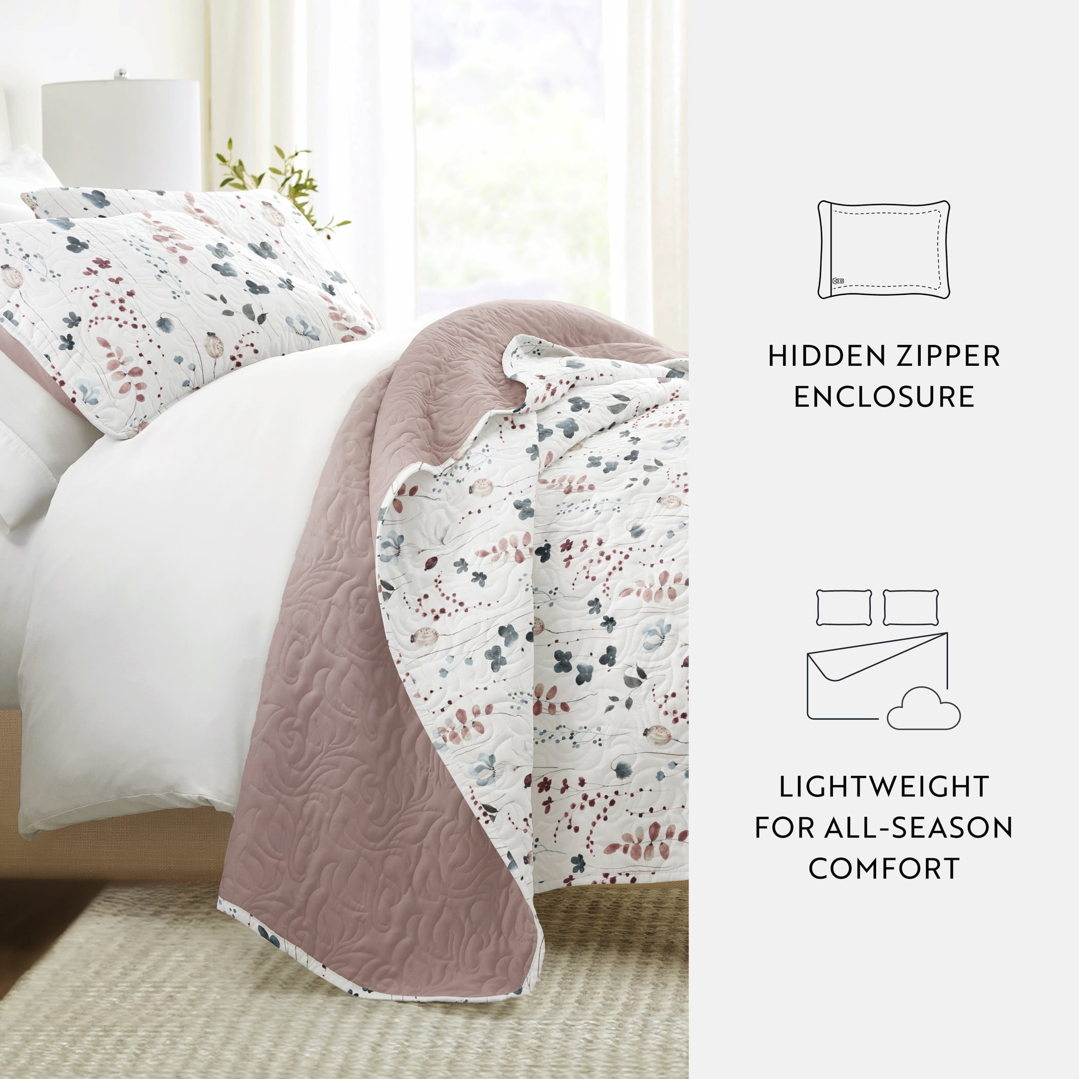 Noble Linens 3-Piece Mauve Poppy Bloom Reversible Quilt Set, Twin