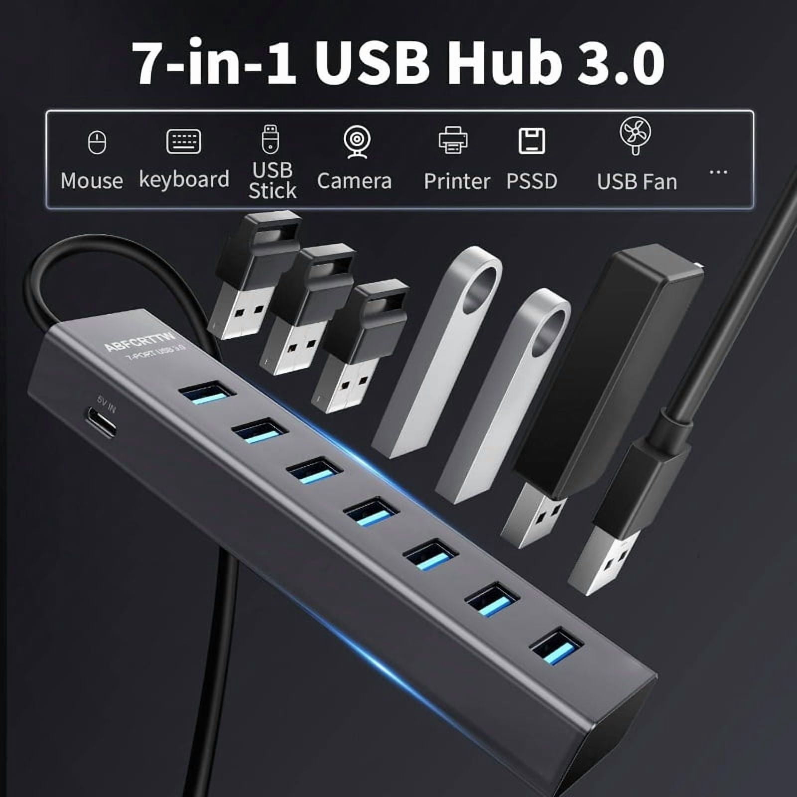 7-Port USB 3.0 Hub Compatible for USB- Devices - High-Speed 5Gbps USB Extender Hub with External Drives, Smartphones, Tablets - Plug-and-Play Desktop USB Splitter (No External Power Required)