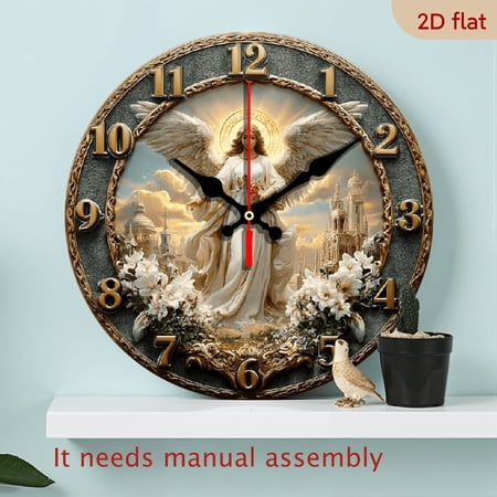 2D Flat10Inch Round Silent Non-Ticking Angel Floral Wall Clock with Mute Sweep Hands - Elegant European Style Artificial Wood Frame, Angel Top Flower Design for Large Face - Suitable for Bedroom,