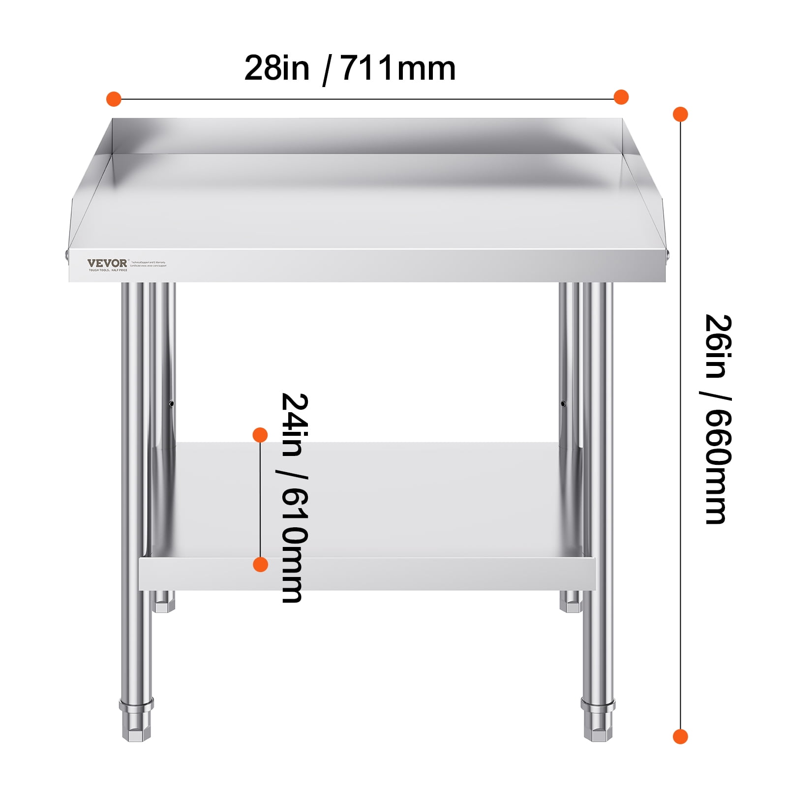 VEVOR Stainless Steel Work Table, 24 x 28 x 26 Inch Commercial Food Prep Worktable, 3-Sided Backsplash Heavy Duty Prep Worktable, Metal Work Table with Adjustable Height for Restaurant Home Hotel