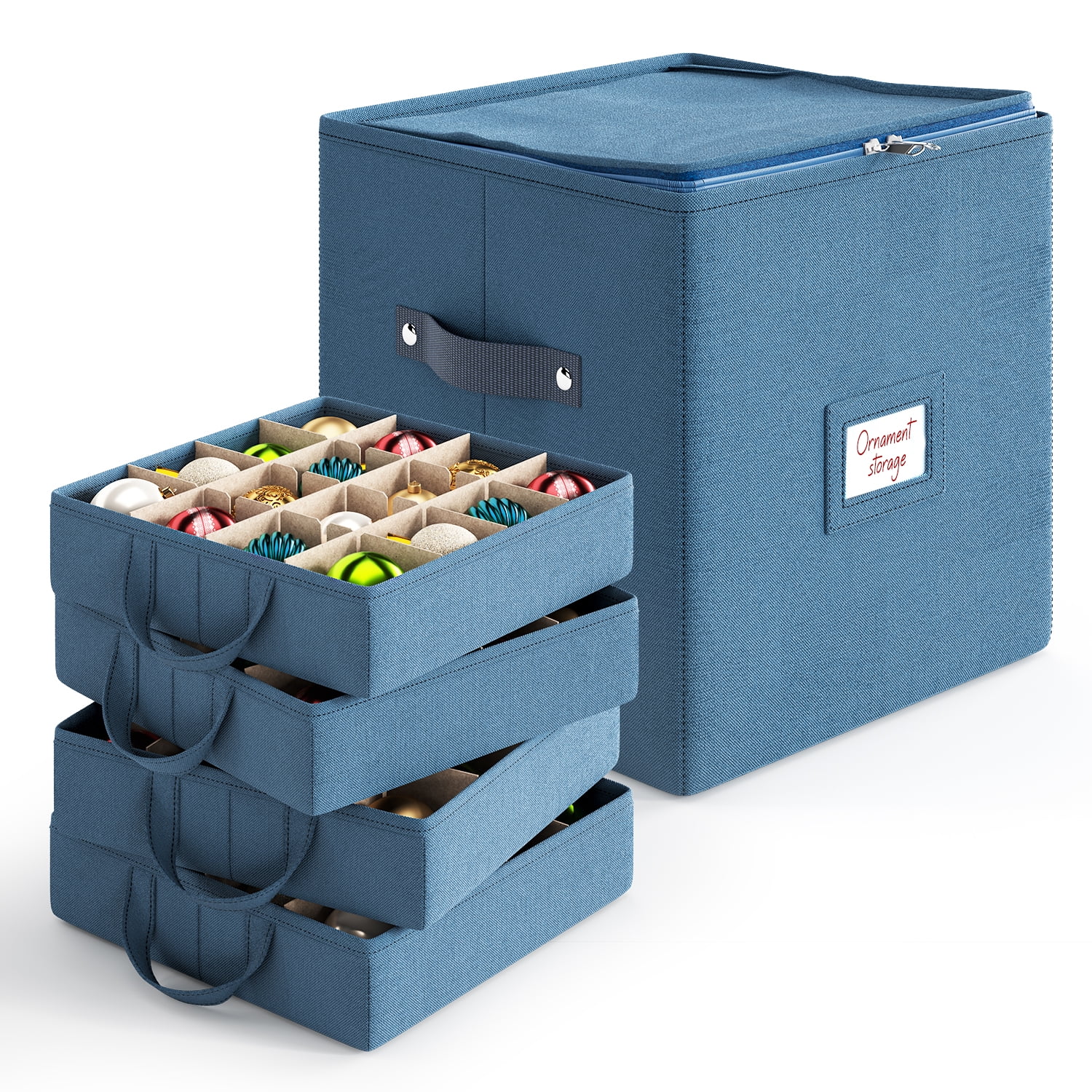 LammaLoe Ornament Storage Box, 64-Count Christmas Ornament Storage Containers, Foldable Holiday Ornament Organizer with Handles, Fabric