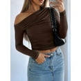 thumbnail image 2 of Women'S Casual Long Sleeve Boat Neck Off Shoulder Slim Fit Crop Top Going Out Blouses Y2K Tight Shirts Coffee Color XL, 2 of 5