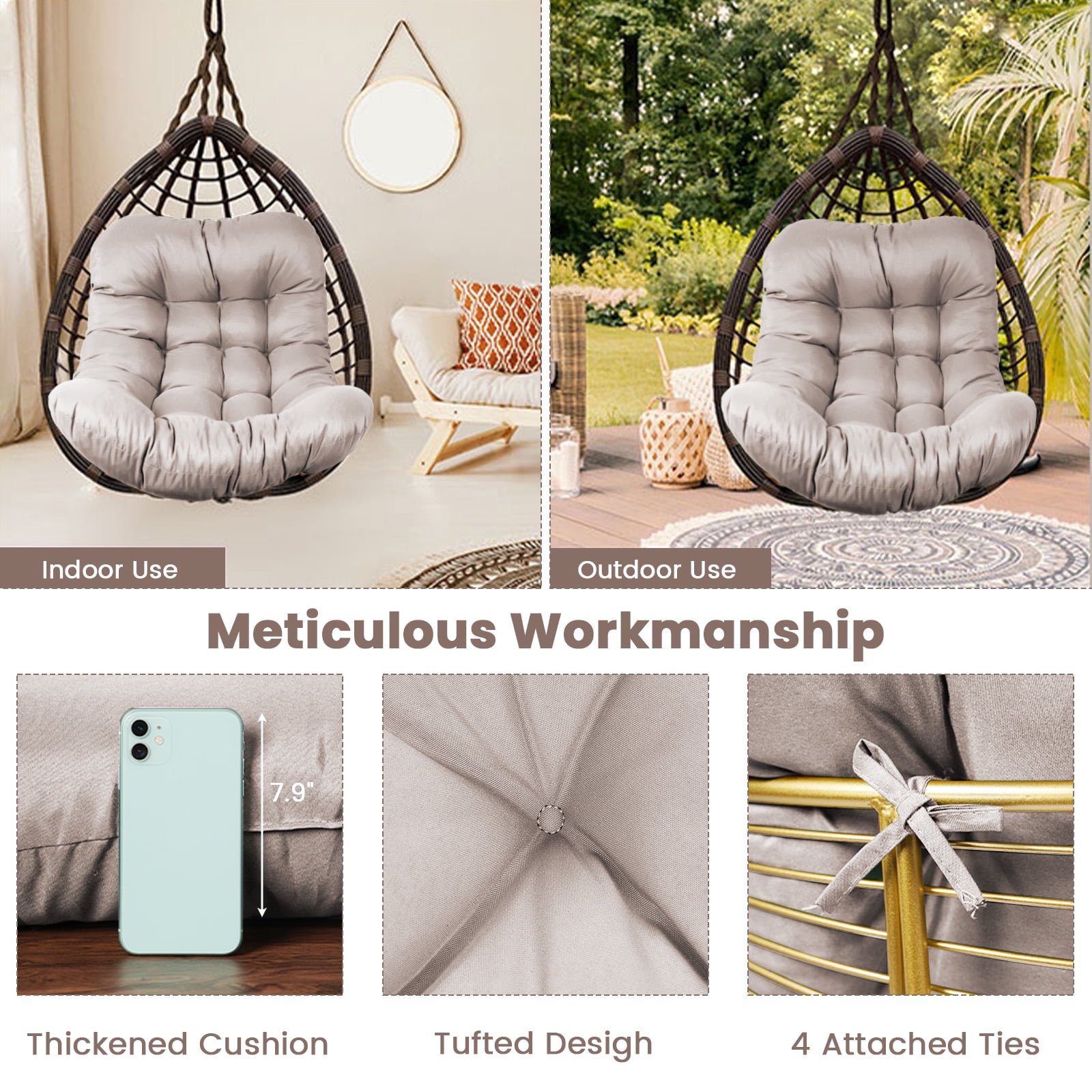 Egg Chair Cushion Replacement, Waterproof Hanging Basket Seat Cushion, U-Shape Swing Chair Cuhsion 37x49 Inches for Indoor Outdoor Patio Porch Furniture (Only Cushion)