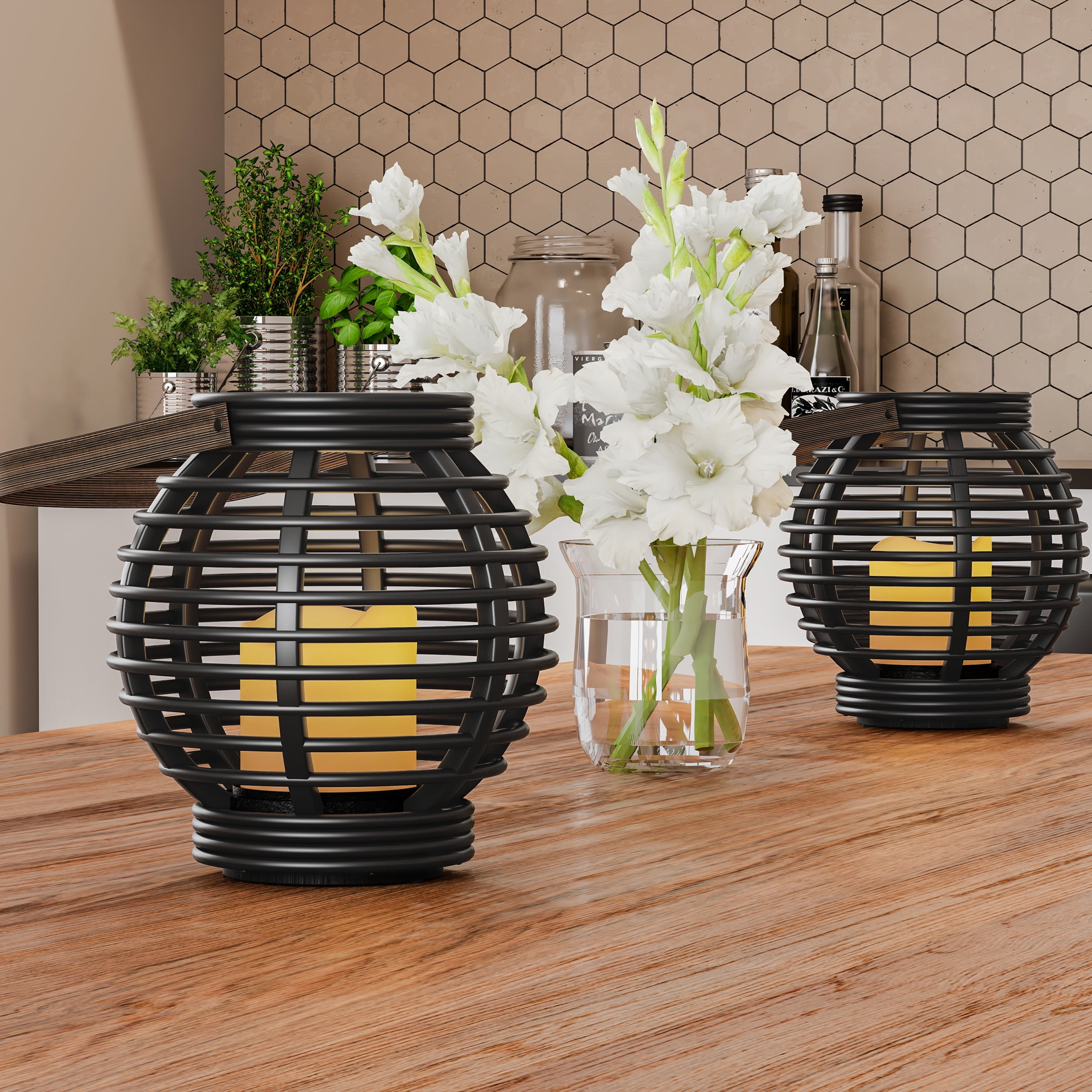 Decorative Round Candle Lantern with Rustic RattanStyle Design, Set of
