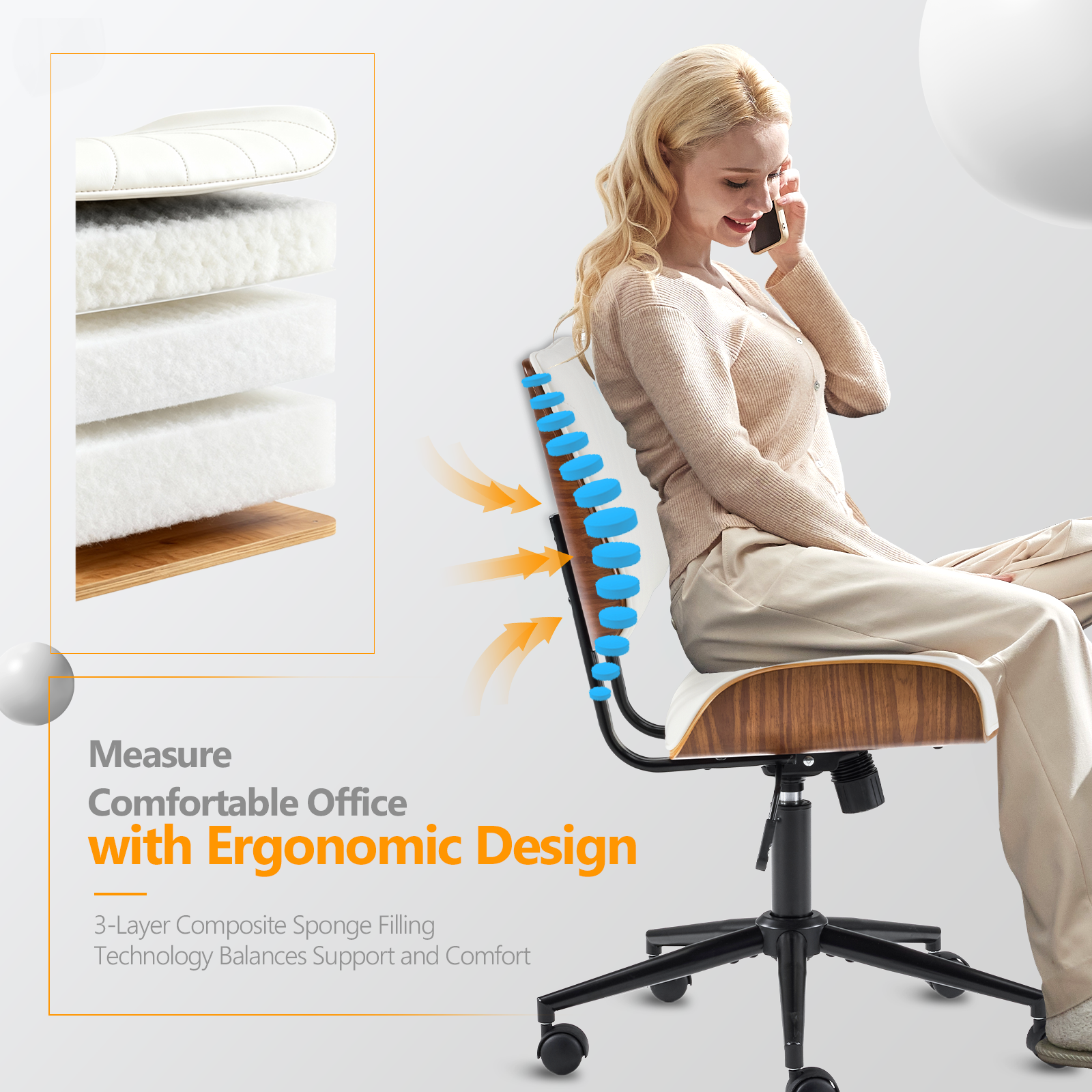 Ktaxon Swivel Office Chair, Armless Curved Wood Accent Desk Chair with PU Upholstered, Black Base Task Chair for Study, Makeup Vanity White