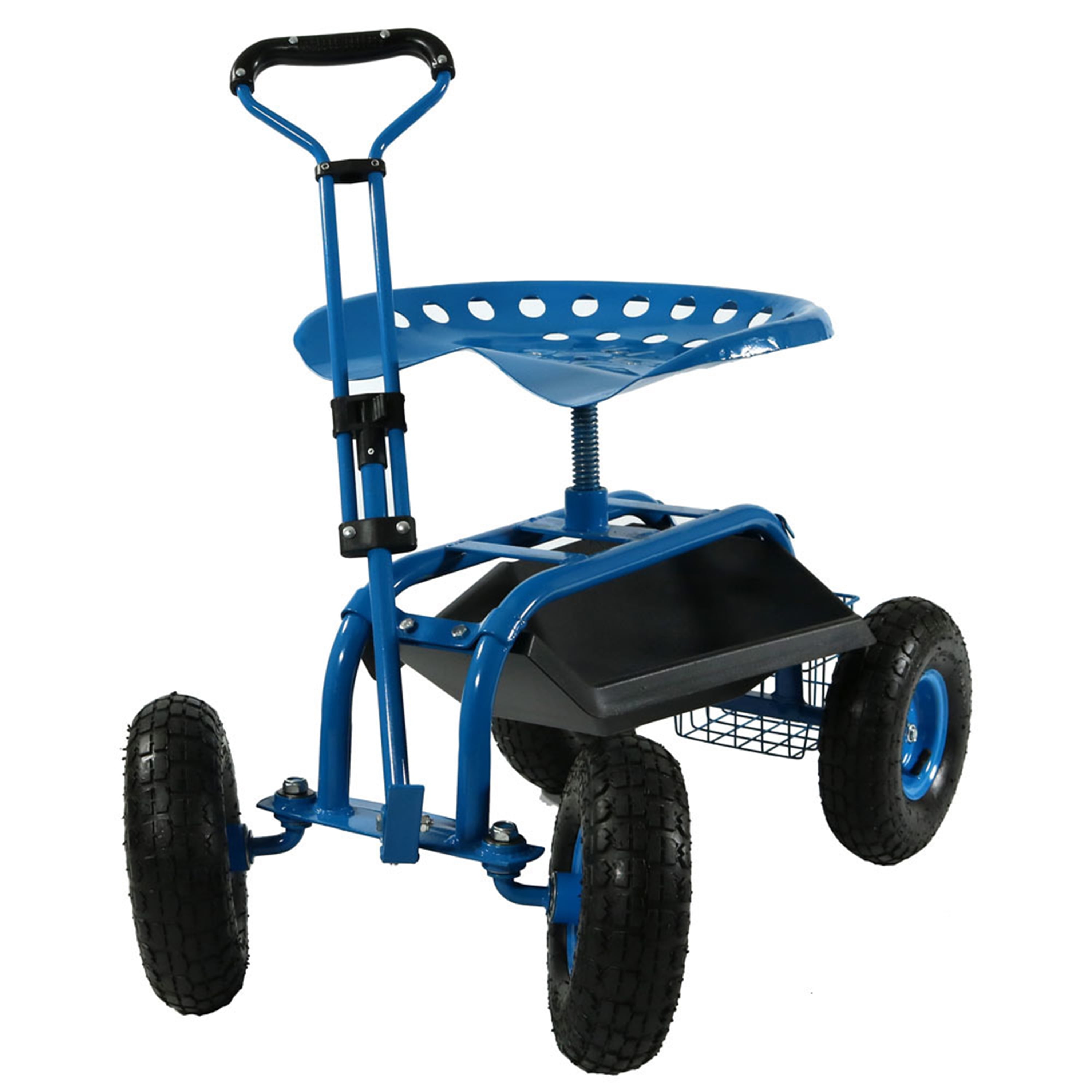 Blue Sunnydaze Rolling Garden Cart Scooter with Wheels and Tool Tray 360 Swivel Seat 
