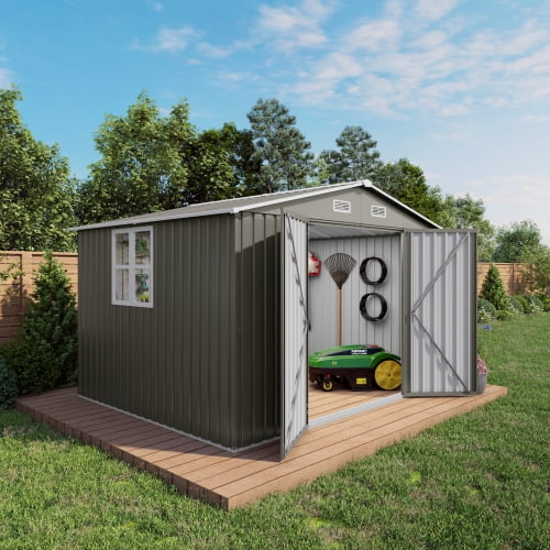 10x8 FT Outdoor Metal Storage Shed with Lockable Double Doors, Clear Window & Air Vent, Large Garden Tool Shed for Lawn Mowers, Bikes, Patio Furniture, Trash Bins, Backyard, Gray
