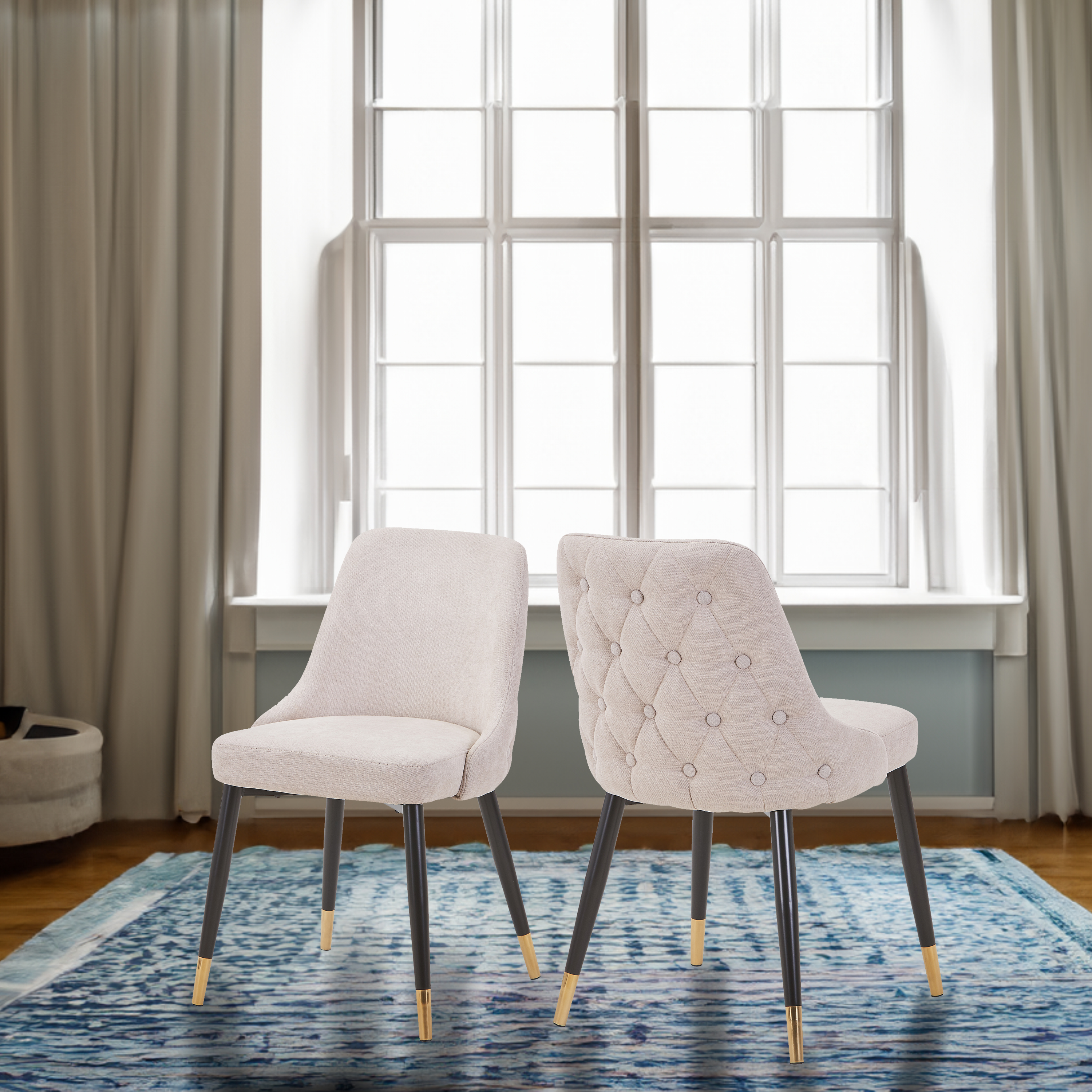 Mid-Century Modern Button Tufted Curved Padded Back Dining Chair with Gold-Tipped Feet, Beige (Set of 2)