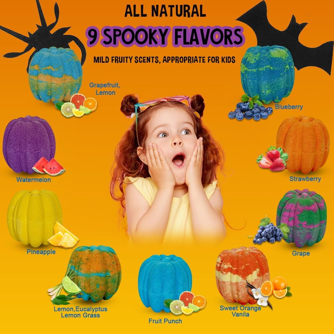 Mineral Me Halloween Bath Bombs for Kids - Bath Fizzies with Surprise Halloween gifts and treat bags