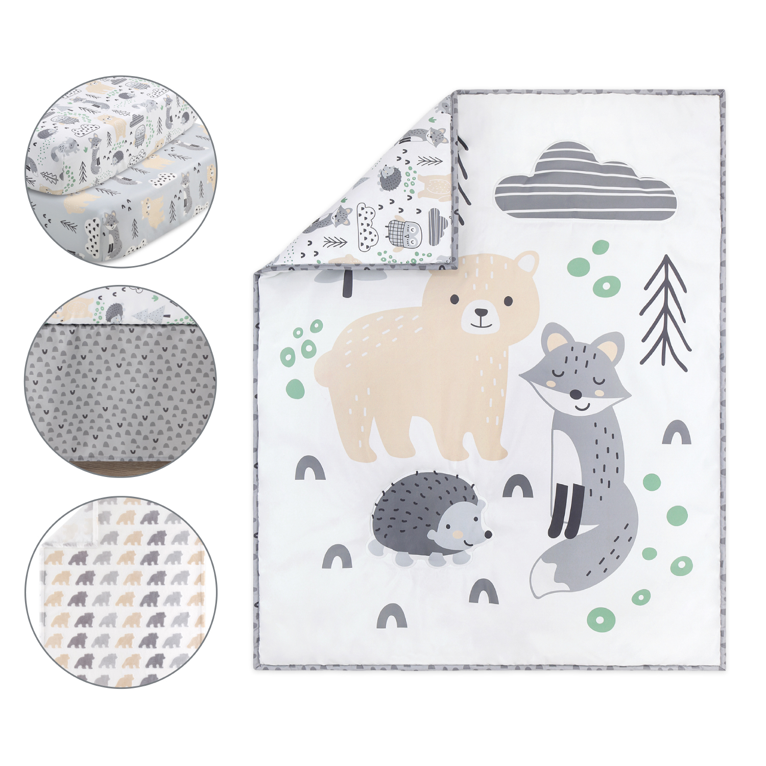 The Peanutshell Grey, Tan and Green Woodscape 5 Piece Crib Bedding Set for Baby Boys or Girls, Nursery Set with Blanket