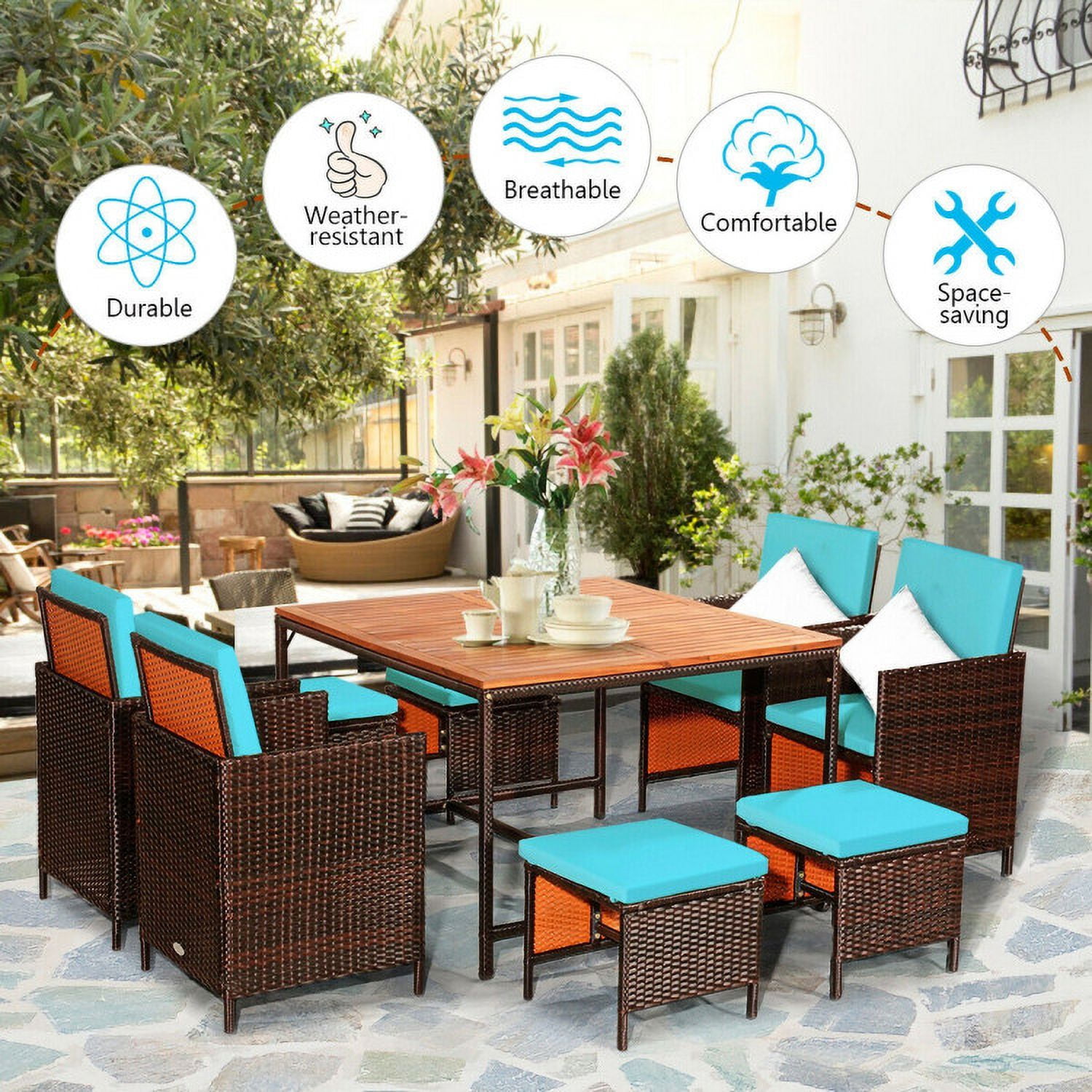 Aimee Lii 9 Pieces Patio Rattan Dining Cushioned Chairs Set, Outdoor Patio Furniture, Turquoise Aimee Lii 9 Pieces Patio Rattan Dining Cushioned Chairs Set, Outdoor Patio Furniture, Turquoise