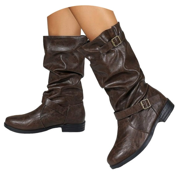 YLYL Women's Mid Calf Boots with Buckle Design Artificial Leather Side Zipper Non-Slip Sole Fall Boots