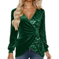 thumbnail image 2 of Long Sleeve Shirts for Women Velvet Sequin Patchwork V Neck Asymmetrical Hem Pleated Dressy Casual Blouse Night out Tops, 2 of 7